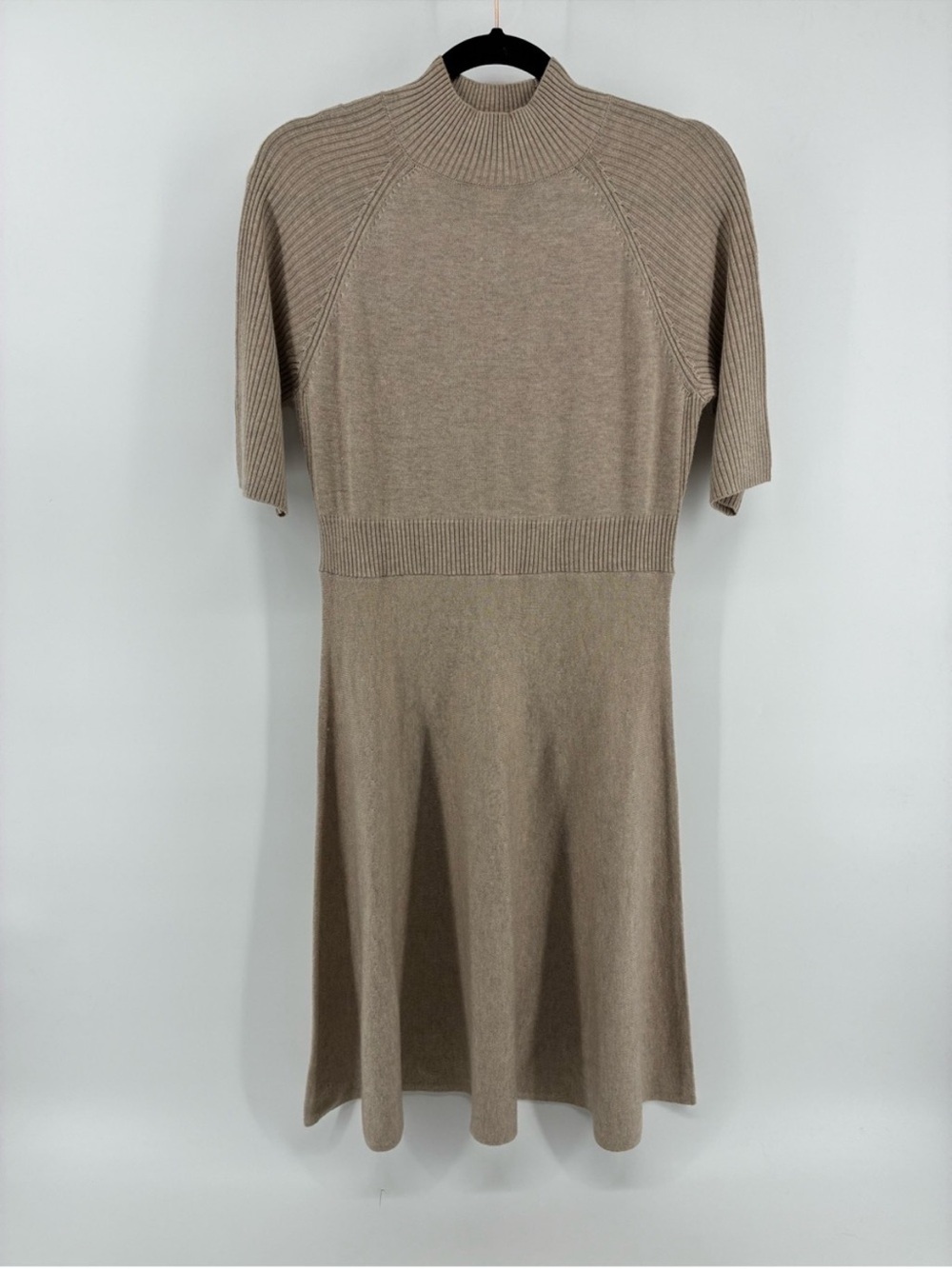 Magaschoni 5% Cashmere Blend Taupe Knit Sweater Midi Dress with Mock Neck